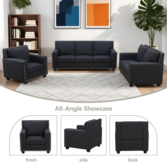 Mid Century Fabric Accent Chair with Arm Rest and Cooper Nail Modern Linen Armchair with High-Density Foam Cushion Comfy Sofa Couch for Small Place/Dorm/Cafe Living Room Couch Set(Black-LinenChair)