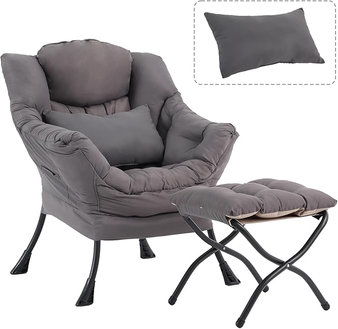Lazy Chair with Ottoman Modern Accent Chair with Lumbar Pillow Dark Grey Sofa Armchairs with Folding Footrest Oversized Supportive Chairs for Bedroom Reading