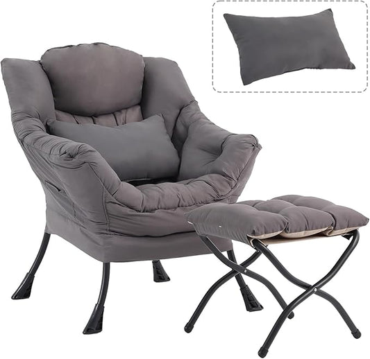 Lazy Chair with Ottoman Modern Accent Chair with Lumbar Pillow Dark Grey Sofa Armchairs with Folding Footrest Oversized Supportive Chairs for Bedroom Reading