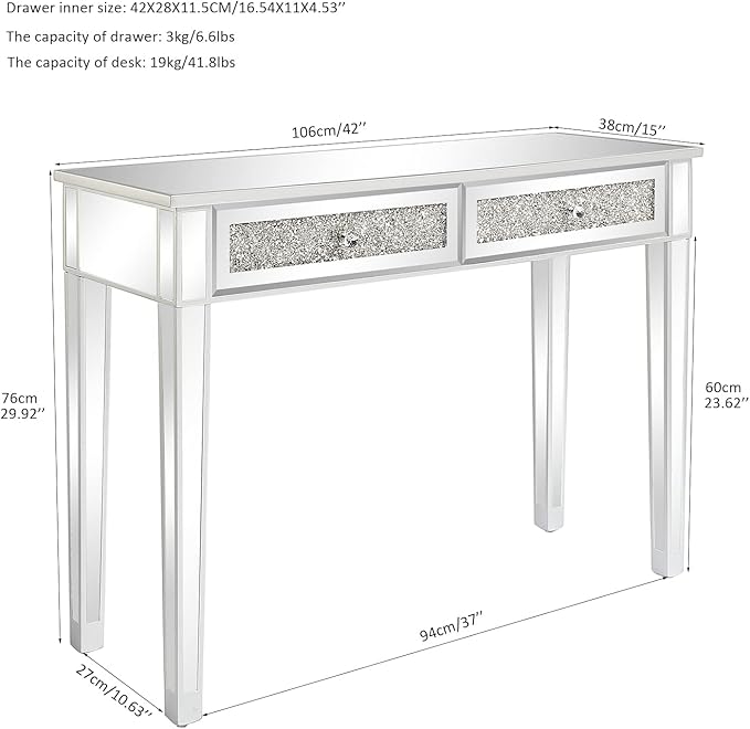 Karl home Mirrored Desk with 2 Drawers Silver Console Table Mirror Sofa Table with Crystal Inlay Front for Living Room Entryway Foyer 42 Inch