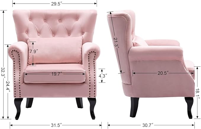 chairus Mid-Century Modern Accent Chair Comfy Tufted Single Sofa Chair Wingback Armchair with Pillow for Club Living Room Bedroom - Velvet Pink