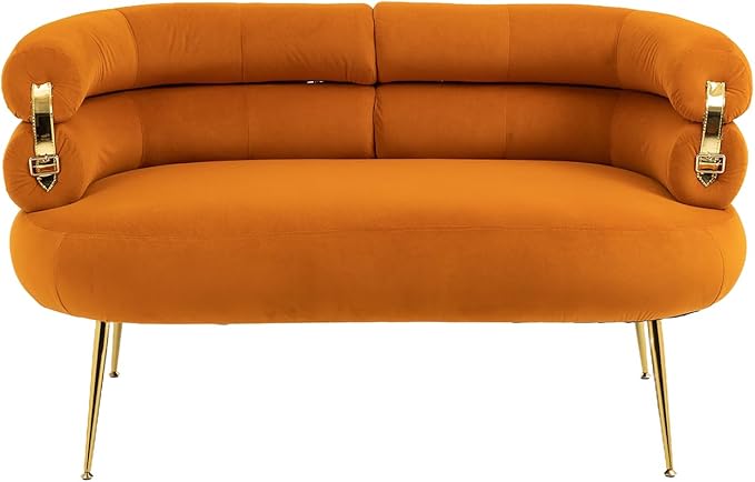 50” Velvet Loveseat Sofa Chair Mid Century Modern 2-Seater Small Love Seat for Small Spaces Accent Arm Chair with Golden feet Comfy Upholstered Leisure Couch for Living Room (Orange)