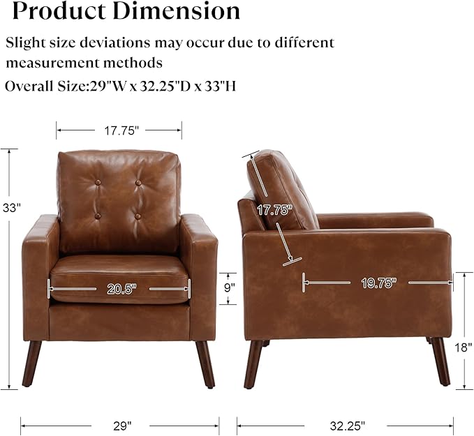 Brown Accent Chair Faux Leather Tufted Single Sofa Oversized Club Chair Armchair Mid Century Modern Armchair with Wood Legs for Reading/Living Room/Bedroom