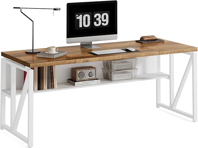 LITTLE TREE 63-Inch Executive Office Desk Large Computer Desk with Storage Shelf Executive Desk with Metal Frame Thickened Desktop Study Writing Desk Work Station for Home Office Rustic + White