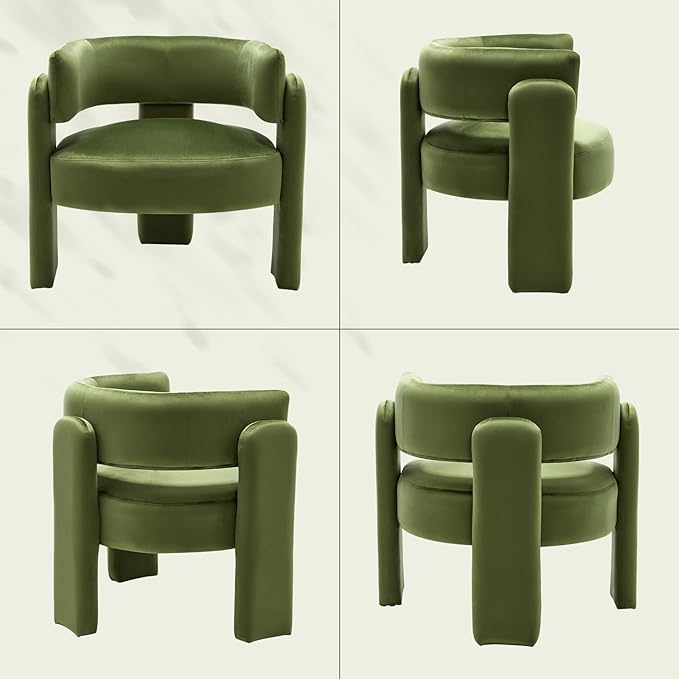 Barrel Accent Chair Mid Century Modern Upholstered Living Room Chairs with Wooden Legs Comfy Velvet Reading Arm Chair for Bedroom Makeup Room Green