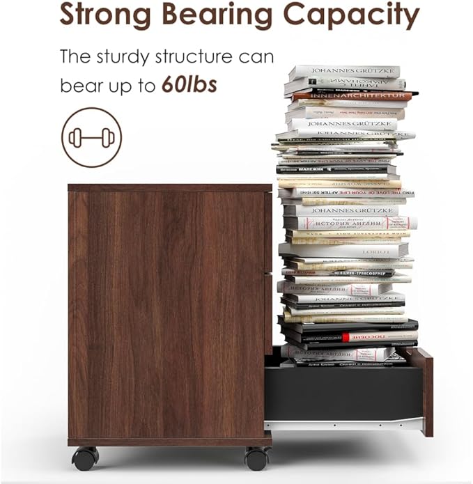 Hassyee 3-Drawer Vertical Filing Cabinet with Compact Storage Solution Rolling Wood Mobile File Cabinets with Four Casters for Home and Office (Brown)
