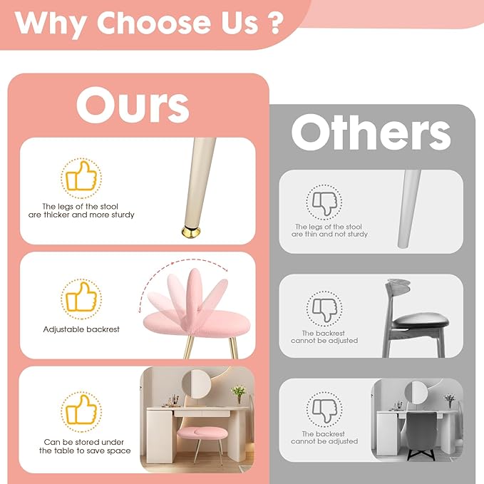 Vanity Chair with Adjustable Backrest Boucle Upholstery Armless Makeup Stool Gray Sherpa Vanity Stool with Gold Metal Legs for Bedroom Living Room Kitchen Dinning Room (Pink)