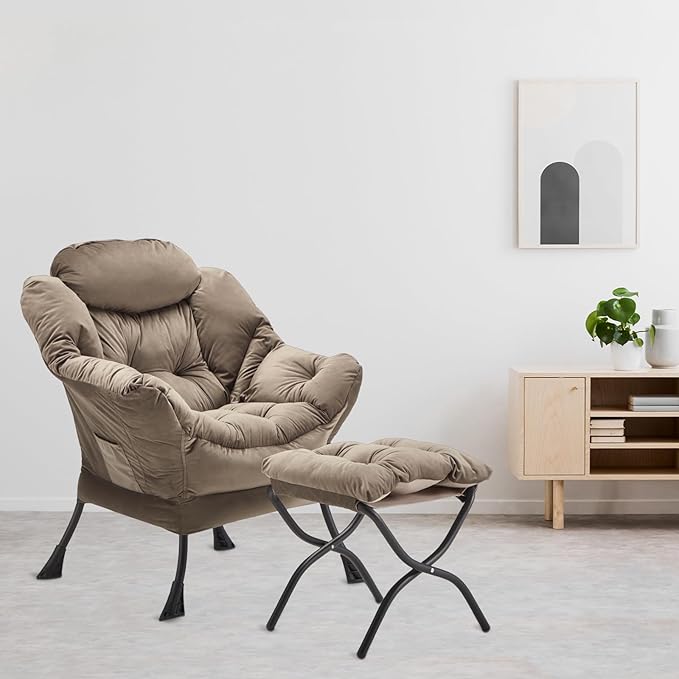 Lazy Chair with Folding Ottoman Accent Chair Velvet Upholstered with Metal Structure and Non-Slip Pads Sofa Armchair with Footrest and Side Storage Bag for Dorm Room Office Dark Gray