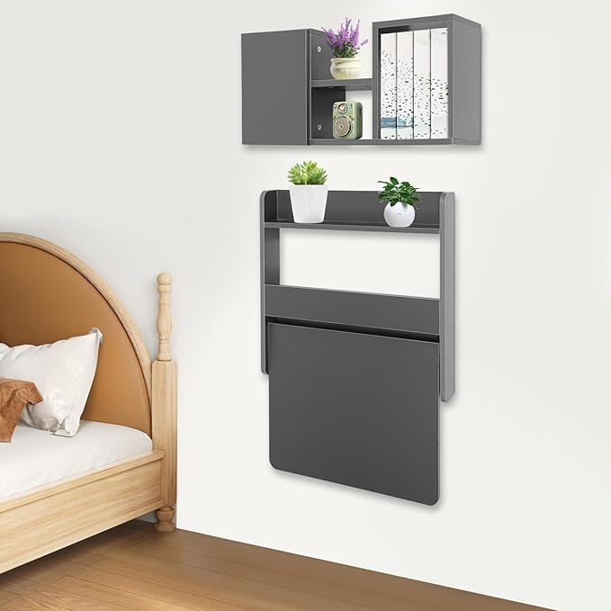Wall Mounted Desk Fold Down Laptop Computer Table Floating Desk with Storage Compartments for Home Office Study Space Saving (Grey)