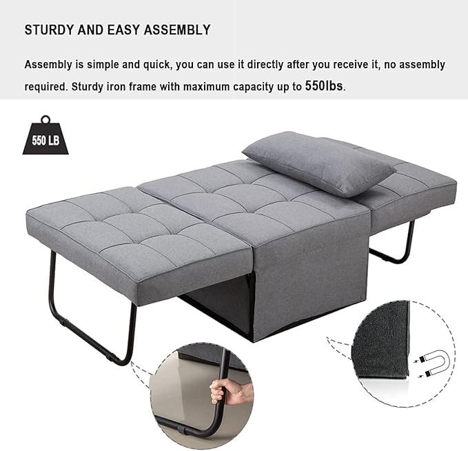 BIGSYY Sofa Bed Set of 4 in 1 Multi Function Folding Ottoman Sleeper BedModern Convertible Chair Adjustable Backrest Sleeper Couch Bed for Living Room Small Room Apartment Light Grey