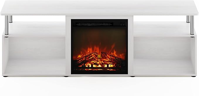 Furinno Jensen Open Storage Fireplace Entertainment Center for TV up to 70 Inch with Stainless Steel Tubes White Oak/Chrome