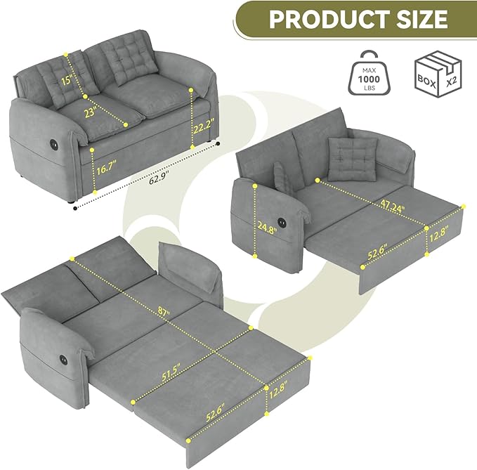 3-in-1 Convertible Sleeper Sofa Bed 62.9 W x 87 L Couch with Pull Out Bed with 6-Position BackrestHidden Storage &amp USB for Living RoomLight Grey