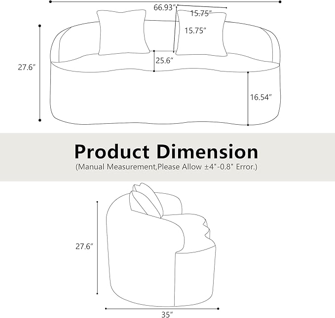 KEIKI 66.93 Cloud Sofa Curved Loveseat Couch with Round Armrest Compression Seat for Living Room Guest Bedroom No Assembly Required White