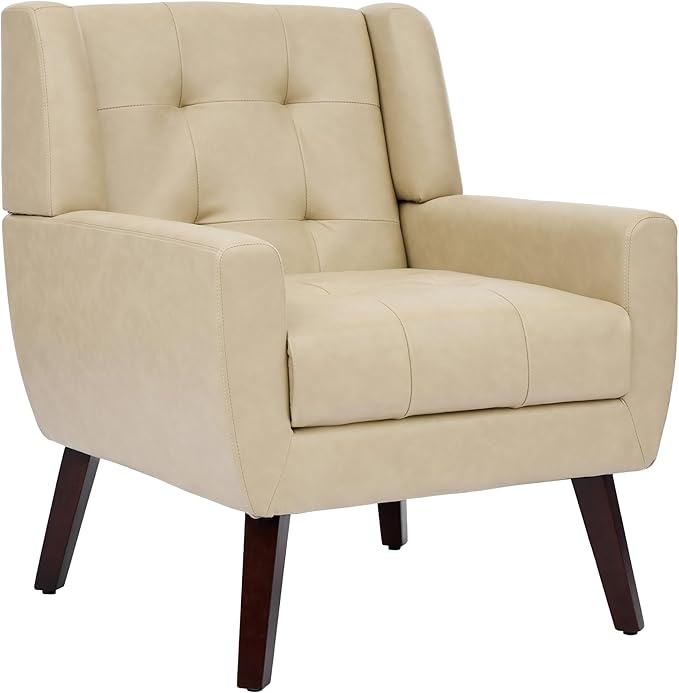 UIXE Faux Leather Accent Chair Modern Upholstered Club Arm Chair for Living Room Comfy Armchair Single Sofa Seat with Solid Wooden Legs (Cream)