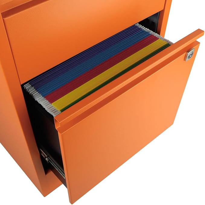 3-Drawer Flush Front Vertical File Cabinet - Bisley Orange 2 Utility Drawers + 1 Hanging File Drawer Powder-Coated Steel Locking Bottom Drawer by Bisley