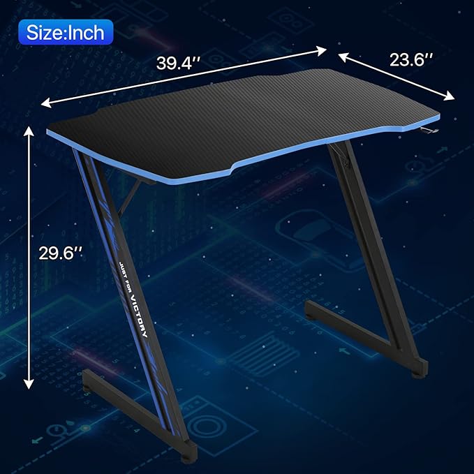 Dkelincs Gaming Desk 39.4 inch Z-Shaped Computer Desk PC Computer Table Home Office Desk Ergonomic Gamer Workstation with Headphone Hook Blue
