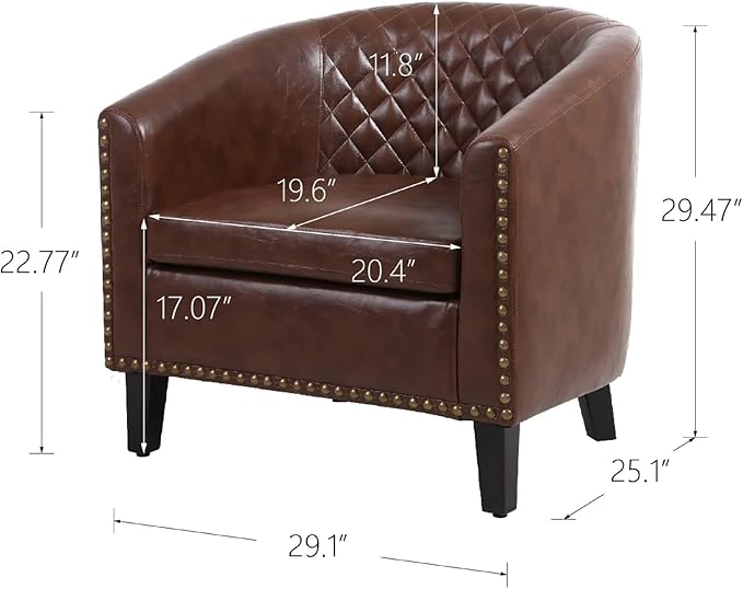 Accent Barrel Chair Living Room Chair with Nailheads and Solid Wood Legs Brown PU Leather