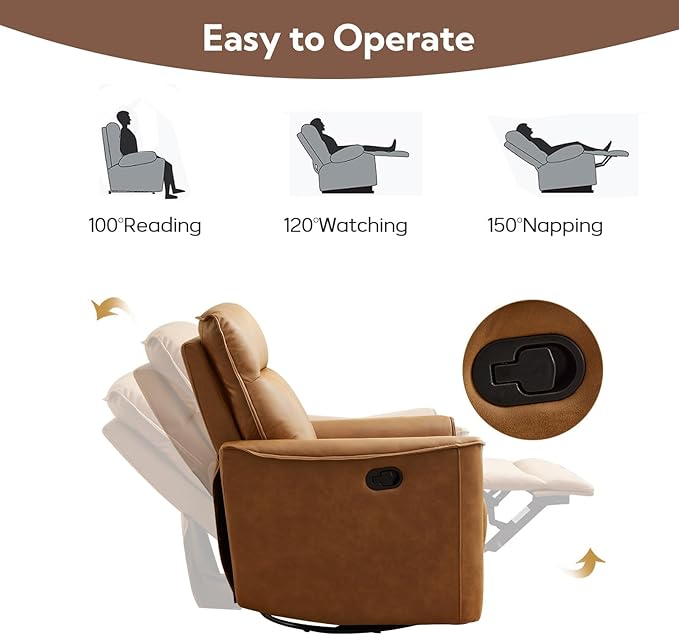 ANJ Manual Swivel Rocker Recliner Glider Recliners with Padded Armrest and Backrest Soft Faux Leather Nursery Rocking Recliner Chair Reclining Sofa for Living Room