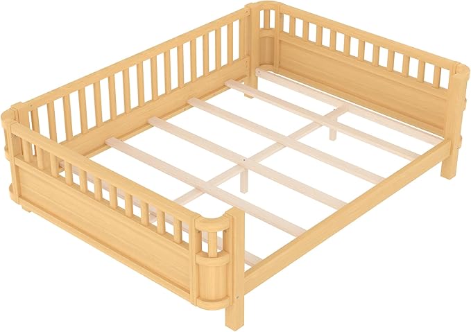 Bellemave Full Size Montessori Bed with Fence and Slats Full Size Low Platform Bed Frame with Detachable Side Bed Rails and Rounded Corner Design Easy Assemble Montessori Bed Natural