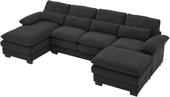 OUYESSIR 114 U Shape Sectional Cloud Couch with OttomanFluffy Sectional Couches for Living Room4 Seater Modular Sectionals SofaComfy Cloud Sofas &amp Couches with 4 PillowsDark Grey