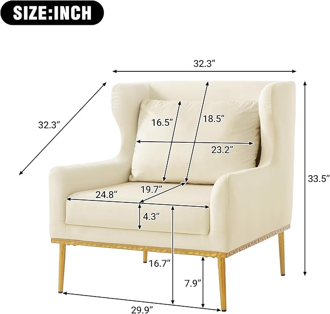 Merax Luxury Velvet Accent Chair Modern Mid-Century Armchair for Living Room Bedroom Reading Corner Comfortable Tufted Single Seater Sofa Chair with Iron Legs (Beige)