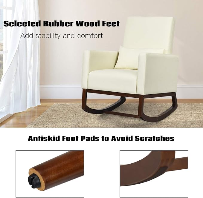 Giantex Upholstered Rocking Chair Modern High Back Armchair Comfortable Rocker with Fabric Padded Seat Waist Pillow and Wood Base Accent Chair for Nursery Living Room Bedroom Office Beige