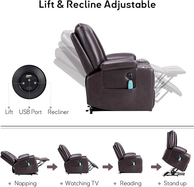 Bonzy Home Power Lift Chair with Heat and Massage Faux Leather Lift Recliner Chair for Adults Elderly Upholstered Recliner with 2 Cup Holders Side Pocket USB and Type-c Port Brown