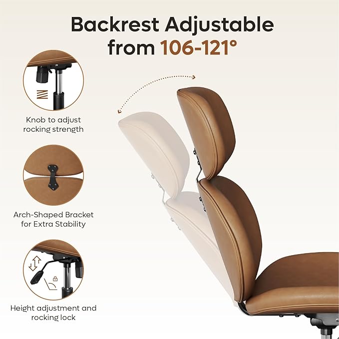 Bestier Swivel Modern Chair with Ottoman No Wheels PU Criss Cross Reading Chair with Extended Headrest &amp Adjustable Seat Modern Armless Ergonomic Chair for Living Room Brown