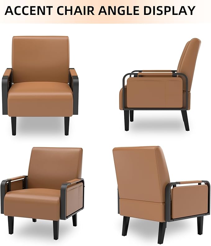 Modern Accent Chair Mid Century Living Room Armchair with Side Table &amp Wood LegsUpholstered Faux Leather Sofa Side Chairs for Reading OfficeBedroom(Brown)