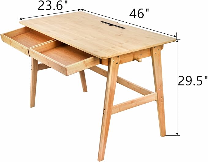 Dicunoy Computer Desk with 2 Drawers 46 Solid Bamboo Home Office Writing Desk for Small Space Compact Simple Tables with Gap Design and Hook for PC Laptop Students Study Makeup Bedroom