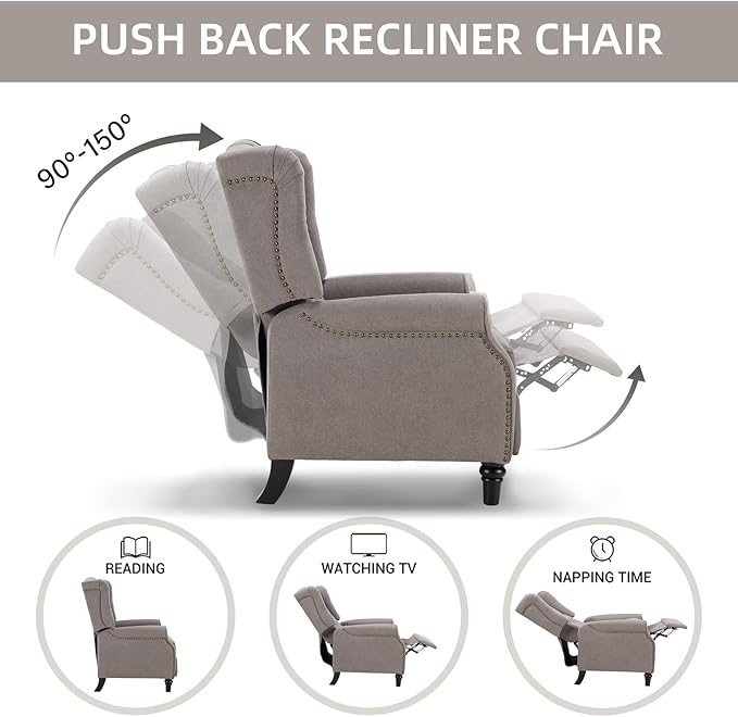 Bonzy Home Push Back Recliner Chair Mid Century Modern Wingback Chair Comfy Armchair Fabric Living Room Chairs with Rivet Decoration Button-Tufted Back Solid Wood Legs Gray