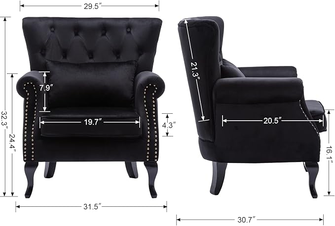 Mid Century Modern Accent Chair Upholstered Armchair Comfy Velvet Fabric Single Sofa with Tufted Wingback for Small Spaces Bedroom Living Room Black