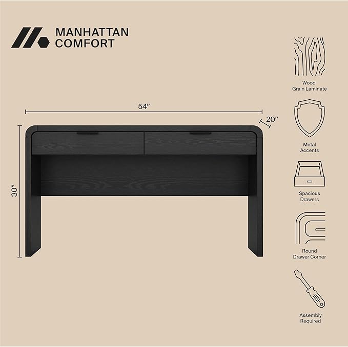 Manhattan Comfort Grace 54 Modern Office Desk with 2 Drawers Wood Table with Metal Recessed Handles for Work from Home Study Craft Stylish Executive Desk Black