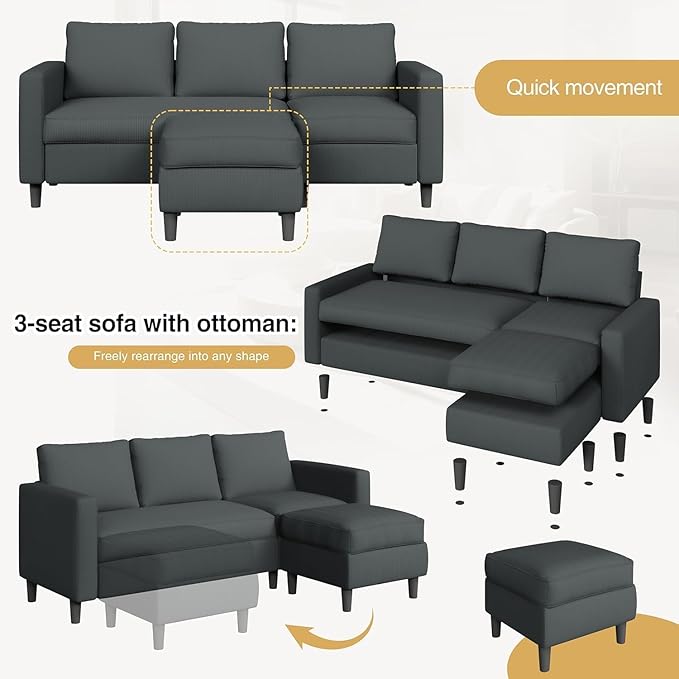 JAMFLY 3-Seat Reversible L-Shaped Sectional Sofa with Convertible Ottoman Modern Upholstered Fabric Couch for Small Living Rooms Apartments &amp Studios Grey