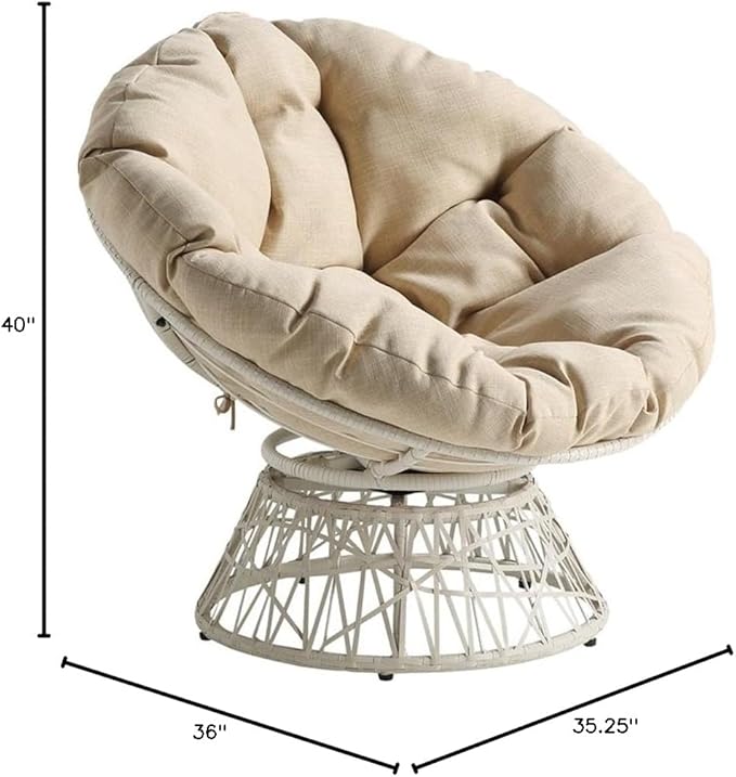 Pemberly Row Accent Chair Cream Wicker Weave with Round Fabric Pillow Cushion 360° Swivel Resin Wicker Metal Frame 40 W x 36 D x 35.25 H Casual Living Room or Dorm Seating