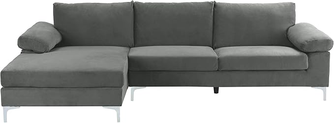 Casa Andrea Milano Modern Large Velvet L-Shape Sectional Sofa with Extra Wide Chaise Lounge Couch