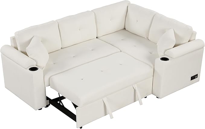 83 L-Shape Sofa Bed Pull-Out Sleeper Sofa with Wheels and Built-in Cup Holders Modern Button Tufted 3 Seater Sectional Corner Couch with Power Sockets for Living Room (Beige-s32)
