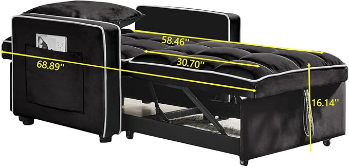 3-in-1 Futon Couch Sofa Bed Chair Convertible Sleeper Sofa with Pull-Out Bed Folding Sofa Bed with Reclining Backrest and Side Pocket Sofa Recliner Single Bed Adult Modern Chair Bed Berth (Black)