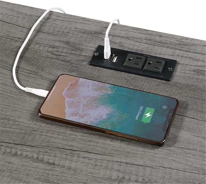 Pemberly Row Trestle Desk with Charging Station 47 x 20 x 29.25 in Particle Board and MDF Gray Wood Finish 2 Shelves 2 USB Ports 2 Plug Outlets Contemporary Home Office Desk