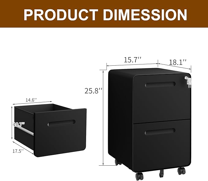 2 Drawer File Cabinet with Lock and 4 Keys Mobile Metal Filing Cabinet File Cabinets for Home Office Under Desk Pre-Assembly File Drawer Letter/Legal/A4 Hanging File Folders