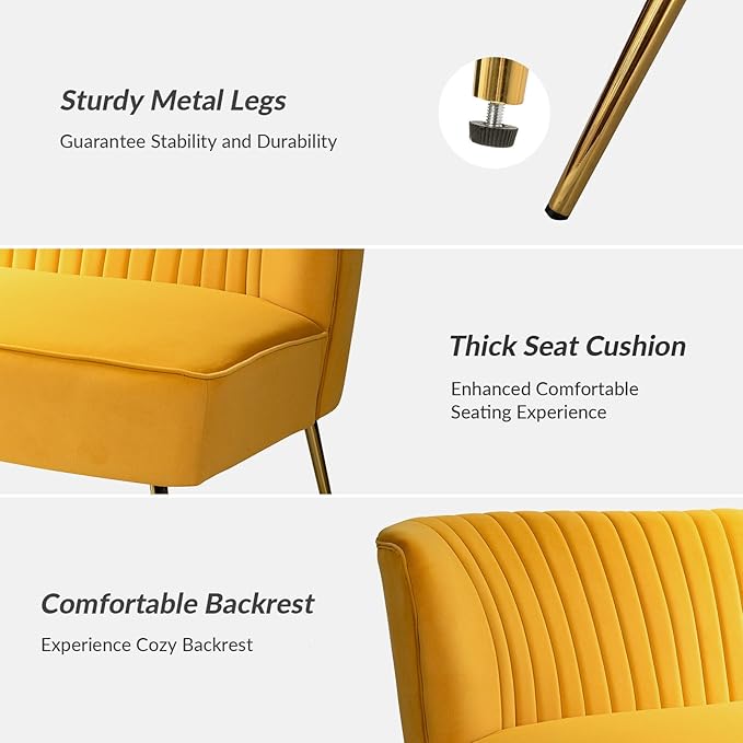HULALA HOME Velvet Loveseat Sofa with Gold Legs Mid-Century Modern Upholstered Love seat Couch Tufted Small 2-Seat Sofa Armless for Living Room Bedroom Apartment Small Spaces Mustard