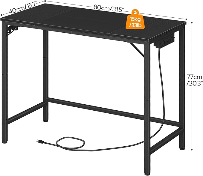 HOOBRO Computer Desk Home Office Desk with Power Outlet Modern Study Writing Desk with 3 Hooks for Study Room Home Office Sturdy and Stable Easy to Assemble Black BB40UDN01