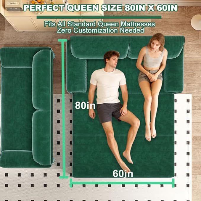 63.8 Futon Sofa Bed Queen Size Pull Out Bed 3-in-1 Convertible Sleeper Sofa with Side Pocket Modern Velvet Futon Couch for Living Room Small Space Apartment Bedroom Green