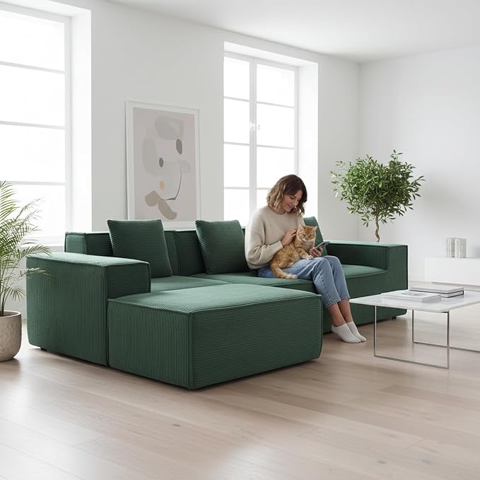 Harper Convertible Corduroy Sectional Couch with Ottoman &amp Pillows Modular L Shaped Sleeper Sofa Boneless Cloud Couch for Living Room Furniture Dark Green