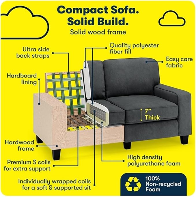 Pemberly Row 61 Track Arm Sofa Loveseat Charcoal Upholstered Polyester Fabric Removable Cushions and Covers Compact 2-Seater for Living Room or Home Office Modern Minimalist Design 450 lb