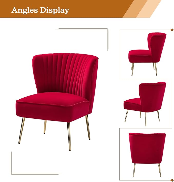 Tina's Home Velvet Armless Accent Chair Upholstered Modern Small Side Chair with Golden Legs Comfy Cute Wingback Slipper Chair for Living Room Study Beauty Room Thickly Padded(RED)