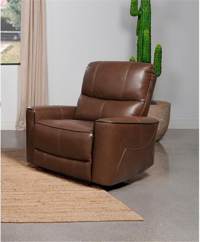 Pemberly Row Modern Faux Leather Power Recliner Chair Saddle Brown 39.75 H x 36.5 W x 37 D Foam Cushions USB Port Power Recline Comfortable Living Room Seating