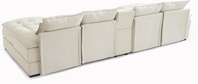 6 Seater Symmetrical U Shaped Modular Sectional Sofa Couch with Storage Console 130 INCH Oversized Tufted Linen Cloud Cushion Sofa Couch with Double Chaise &amp Cupholders