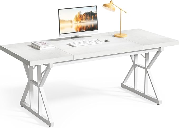 LITTLE TREE 70.8-Inch Large Executive Desk Extra Long Computer Office Desk Workstation Modern Simple Style Laptop Table Sturdy Wooden Writing Workstation for Home White