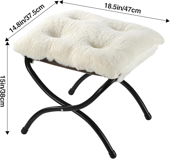 15 Foldable Foot Stool Ottoman with Metal Frame - Washable Faux Fur Beige Upholstered Indoor/Outdoor Footrest for Living Room Bedroom Patio - Space-Saving Compact Design
